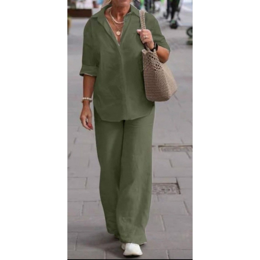Chic 100% Cotton 2Pc Button-Up Shirt Elastic Waist‎ Pants Sage Boho Resort 2XL